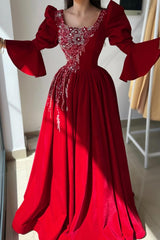 Dreamyannie Red Prom Dress A Line Square Neck Lace Evening Dress With Sleeves
