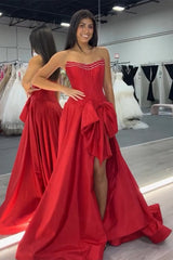 Dreamyannie Red Prom Dress A-Line Strapless Beaded Long Evening Dress With Slit
