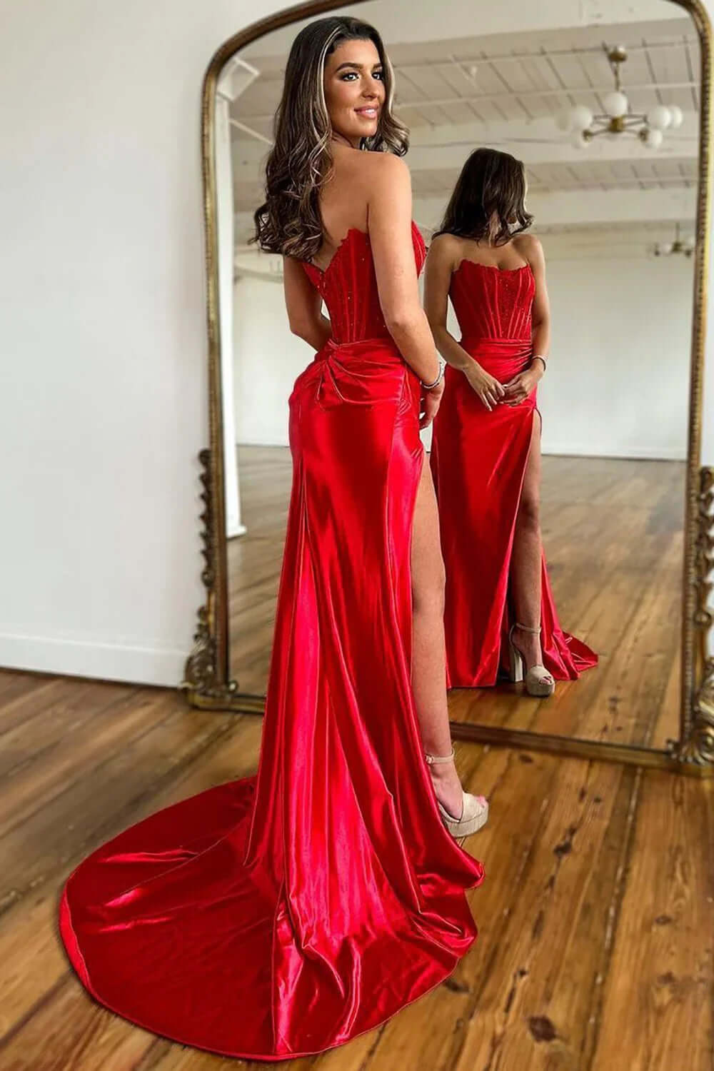 Dreamyannie Red Prom Dress Beaded Corset Mermaid Long Evening Dress With Slit