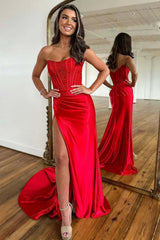 Dreamyannie Red Prom Dress Beaded Corset Mermaid Long Evening Dress With Slit