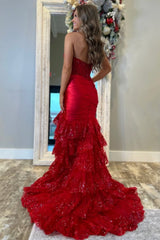 Dreamyannie Red Prom Dress Floor Length Ruffled Formal Dress With Slit