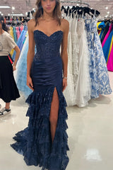 Dreamyannie Red Prom Dress Floor Length Ruffled Formal Dress With Slit