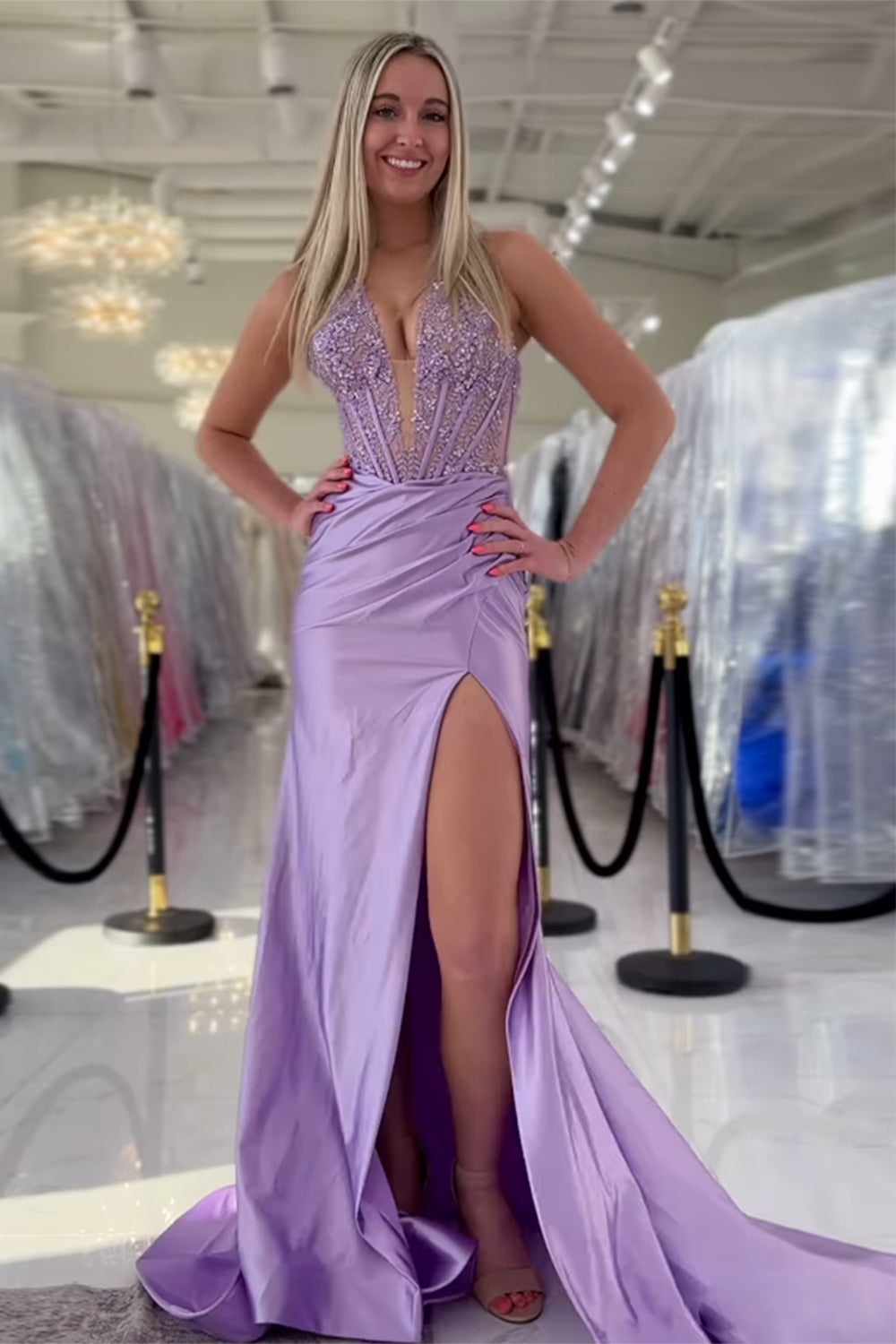 Dreamyannie Red Prom Dress Halter Lace Corset Evening Dress With Slit