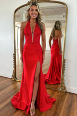 Dreamyannie Red Prom Dress Halter Lace Corset Evening Dress With Slit