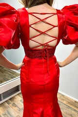 Dreamyannie Red Prom Dress Mermaid Beaded V-Neck Long Evening Dress With Puff Sleeves