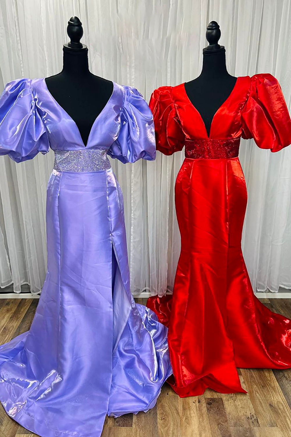 Dreamyannie Red Prom Dress Mermaid Beaded V-Neck Long Evening Dress With Puff Sleeves