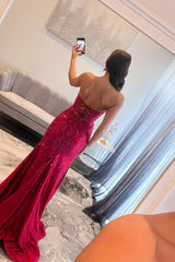 Dreamyannie Red Prom Dress Mermaid Hollow Out Sweetheart Formal Dress With Slit