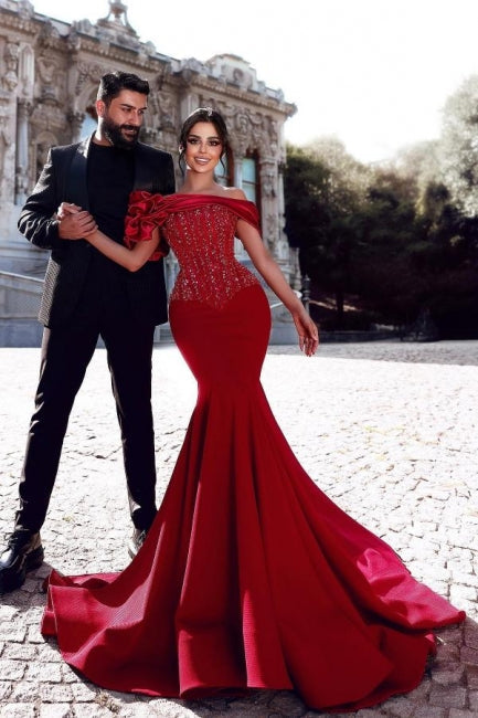 Dreamyannie Red Prom Dress Mermaid Off The Shoulder Sequined Beading Evening Dress With Lace