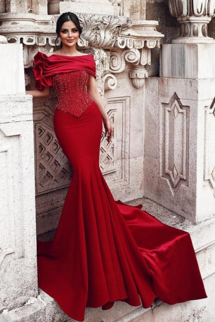 Dreamyannie Red Prom Dress Mermaid Off The Shoulder Sequined Beading Evening Dress With Lace