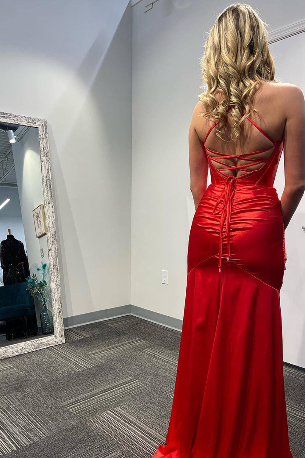 Dreamyannie Red Prom Dress Mermaid Spaghetti Straps Long Evening Dress With Slit