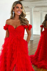 Dreamyannie Red Prom Dress Off The Shoulder Appliqued Ruffled Formal Dress With Slit
