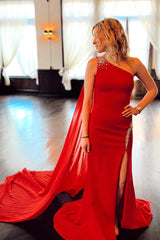 Dreamyannie Red Prom Dress One Shoulder Mermaid Streamer Evening Dress With Slit