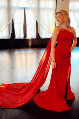 Dreamyannie Red Prom Dress One Shoulder Mermaid Streamer Evening Dress With Slit