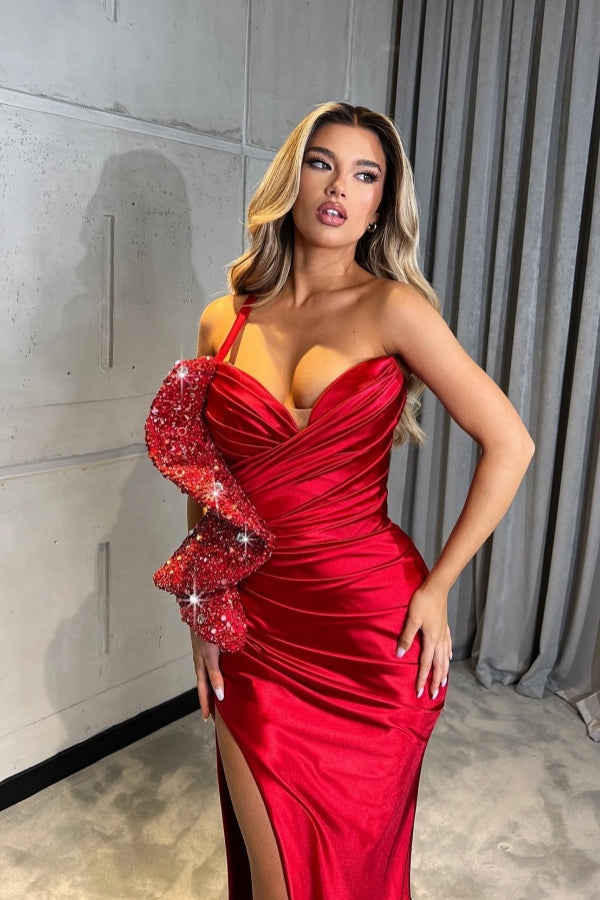Dreamyannie Red Prom Dress One Shoulder Sequined Mermaid Evening Dress With Slit