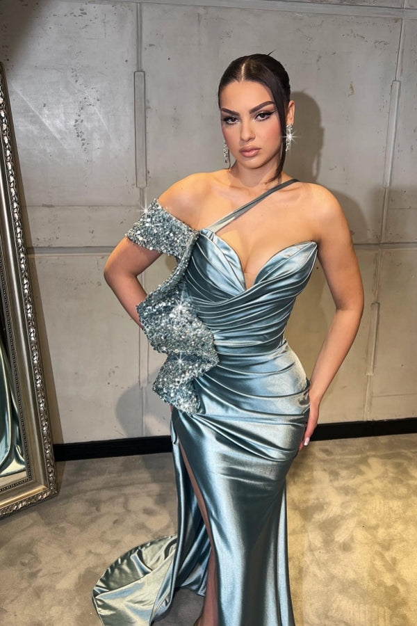 Dreamyannie Red Prom Dress One Shoulder Sequined Mermaid Evening Dress With Slit