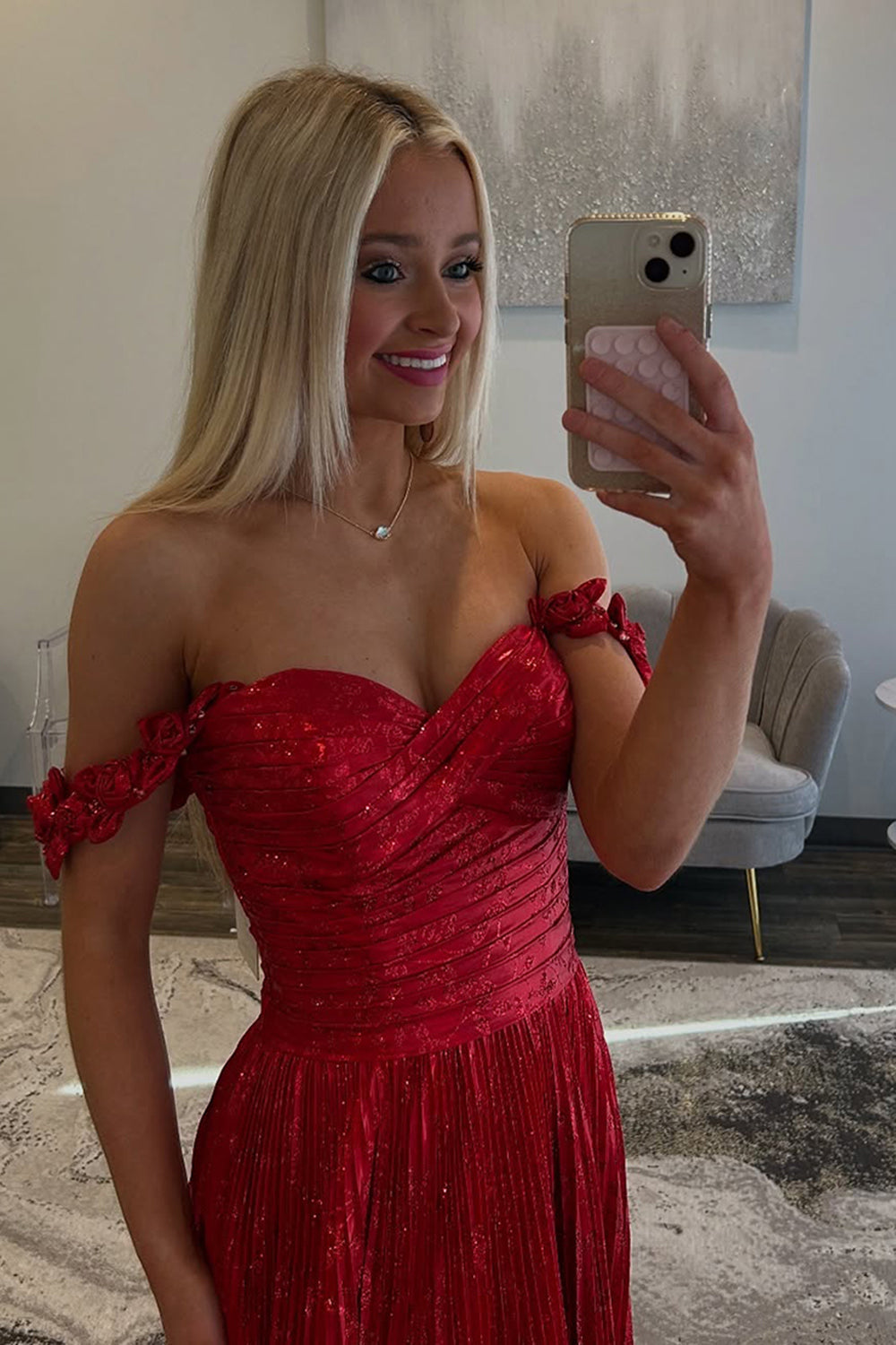 Dreamyannie Red Prom Dress Pleated A Line Formal Dress With Slit