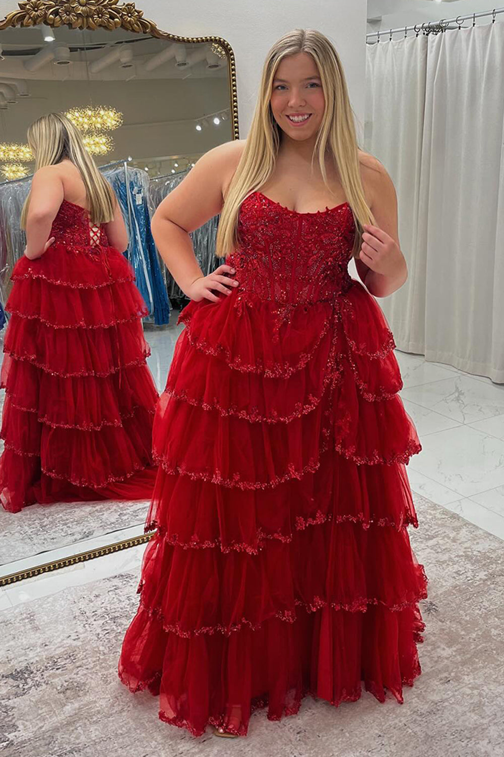 Dreamyannie Red Prom Dress Ruffled Corset A Line Long Formal Dress With Lace