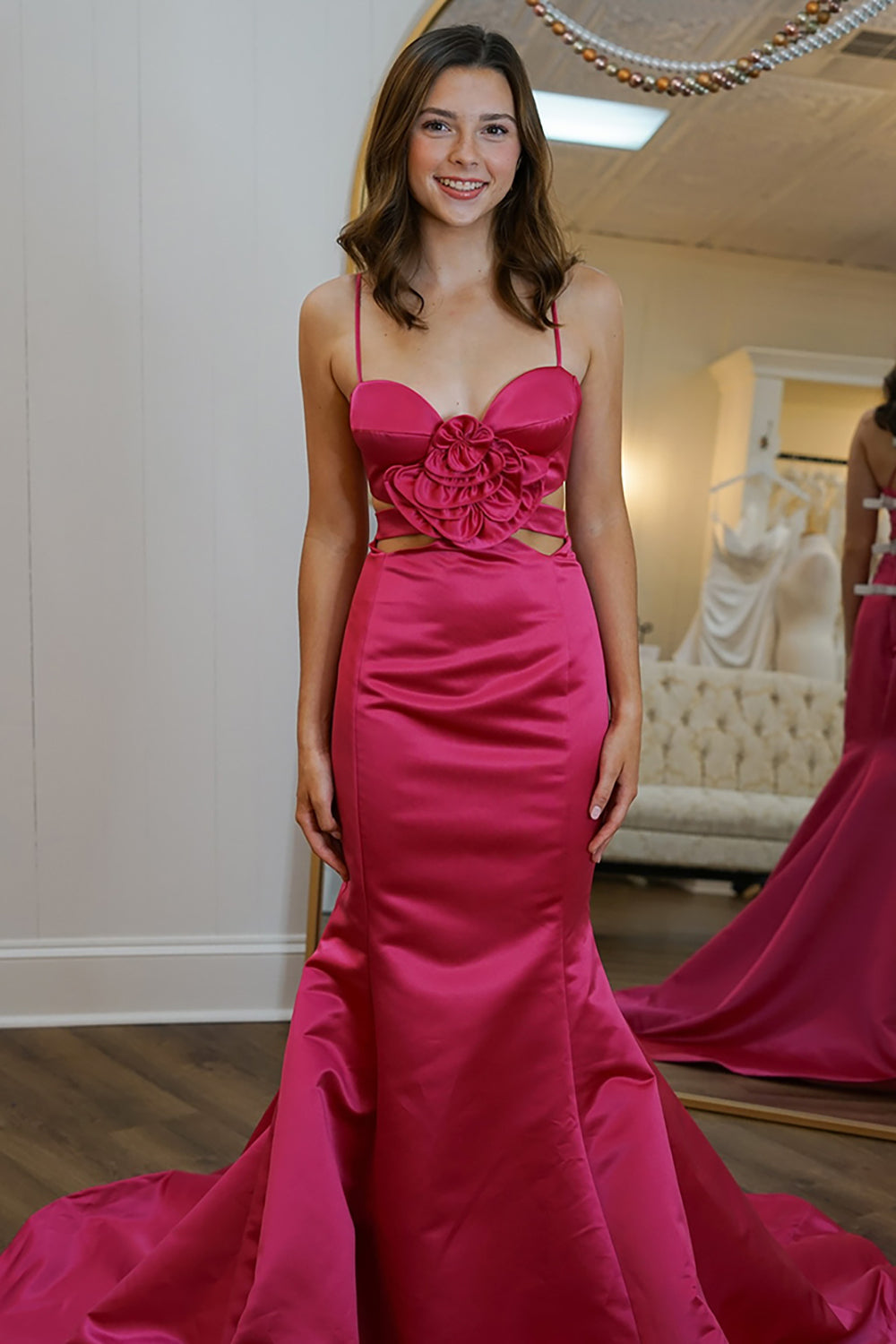Dreamyannie Red Prom Dress Satin Mermaid Long Formal Dress With Ruffles