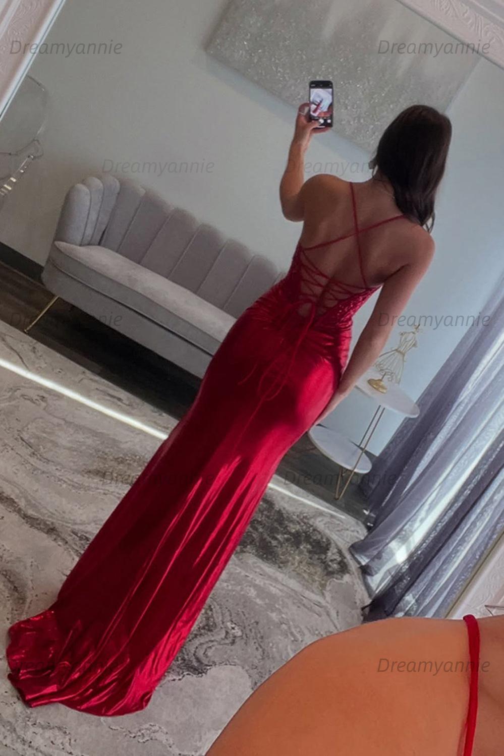 Dreamyannie Red Prom Dress Spaghetti Straps Ruhed Long Lace Formal Dress With Appliques