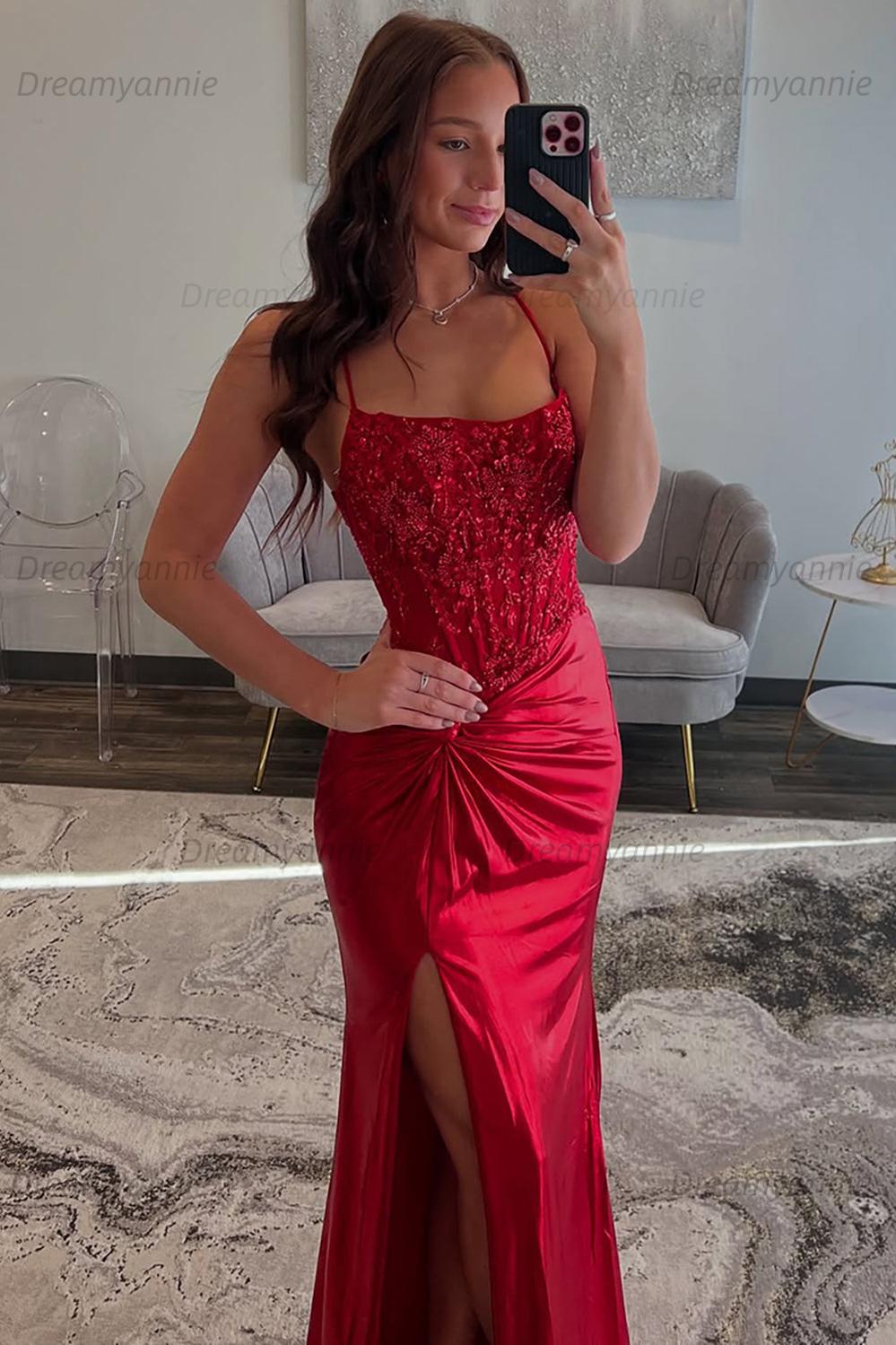 Dreamyannie Red Prom Dress Spaghetti Straps Ruhed Long Lace Formal Dress With Appliques