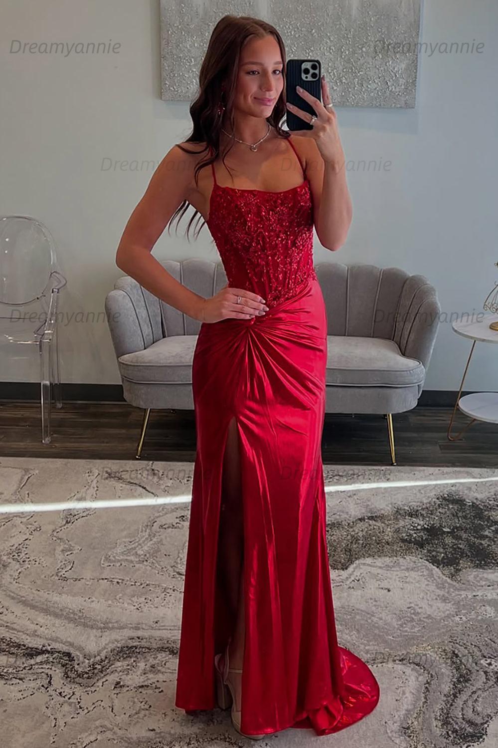 Dreamyannie Red Prom Dress Spaghetti Straps Ruhed Long Lace Formal Dress With Appliques
