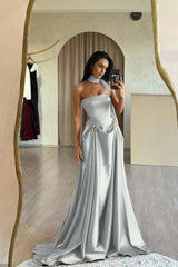 Dreamyannie Red Prom Dress Strapless A Line Sleeveless Floor Length Satin Simple Formal Dress With Sash