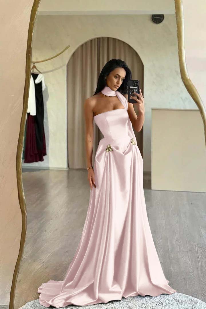 Dreamyannie Red Prom Dress Strapless A Line Sleeveless Floor Length Satin Simple Formal Dress With Sash