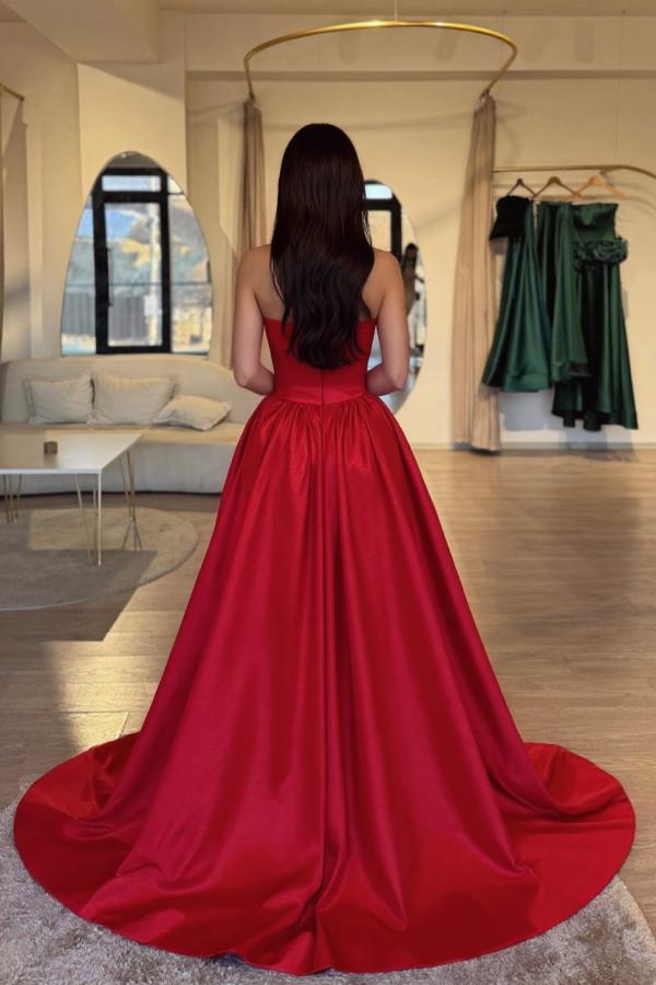 red a line formal dress Corset-Back Wrap-Bodice A-Line Prom Dress main image 1