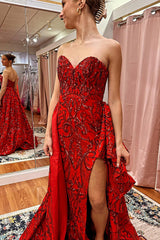 Dreamyannie Red Prom Dress Sweetheart A Line Long Evening Dress With Slit