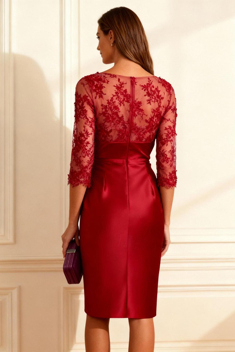 Dreamyannie Red Satin Ruched Bodycon Knee Length Mother Of The Bride Dress With Lace