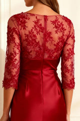 Dreamyannie Red Satin Ruched Bodycon Knee Length Mother Of The Bride Dress With Lace