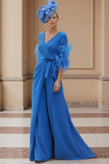 Dreamyannie Red V Neck Satin Floor Length Mother Of The Bride Jumpsuits With Feathers
