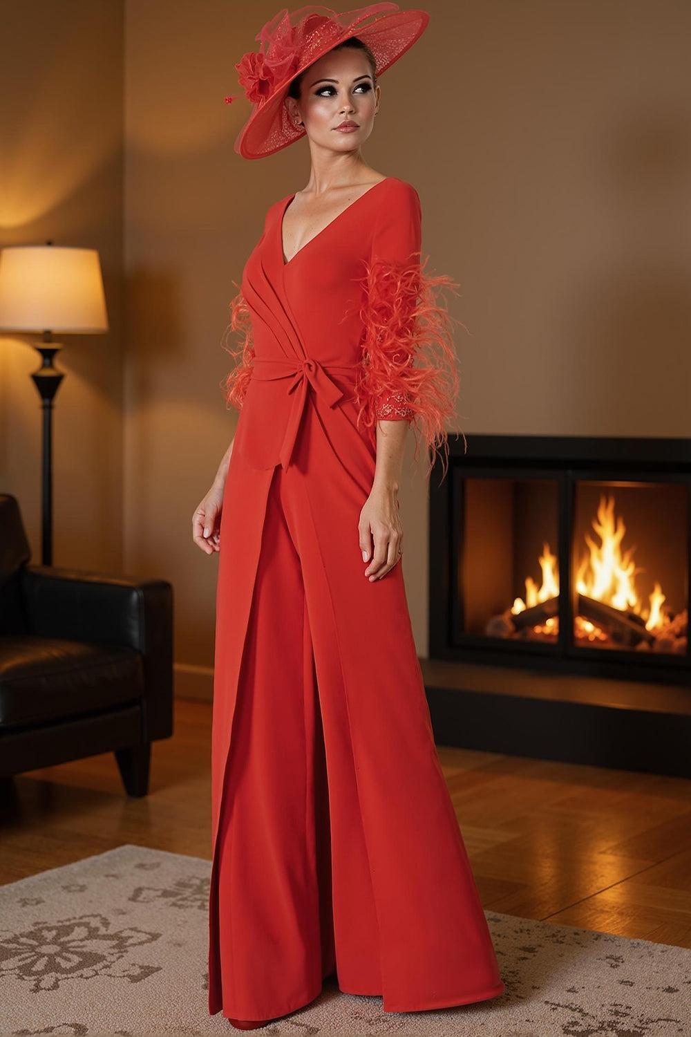 Dreamyannie Red V Neck Satin Floor Length Mother Of The Bride Jumpsuits With Feathers