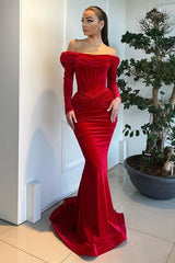 Dreamyannie Red Velvet Formal Dress Mermaid Long Sleeve Christmas Party Dress