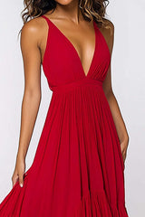 Dreamyannie Red Wedding Guest Dress Deep V-Neck Pleated Ruffled Long Chiffon Formal Dress
