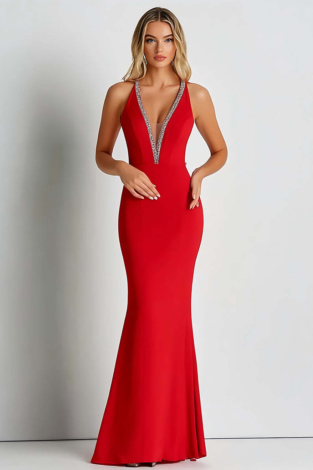 Dreamyannie Red Wedding Guest Dress Deep V-Neck Sheath Long Formal Dress With Beading