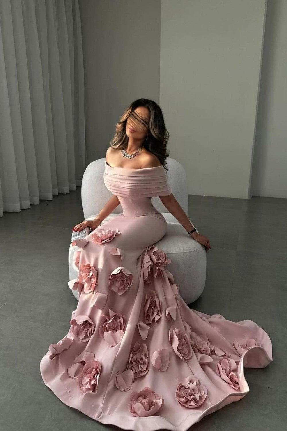 Dreamyannie Romantic Off-Shoulder Pink Mermaid Prom Dress With Floral Train Formal Evening Gown
