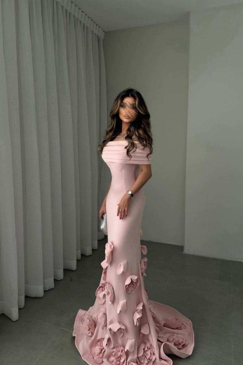 Dreamyannie Romantic Off-Shoulder Pink Mermaid Prom Dress With Floral Train Formal Evening Gown