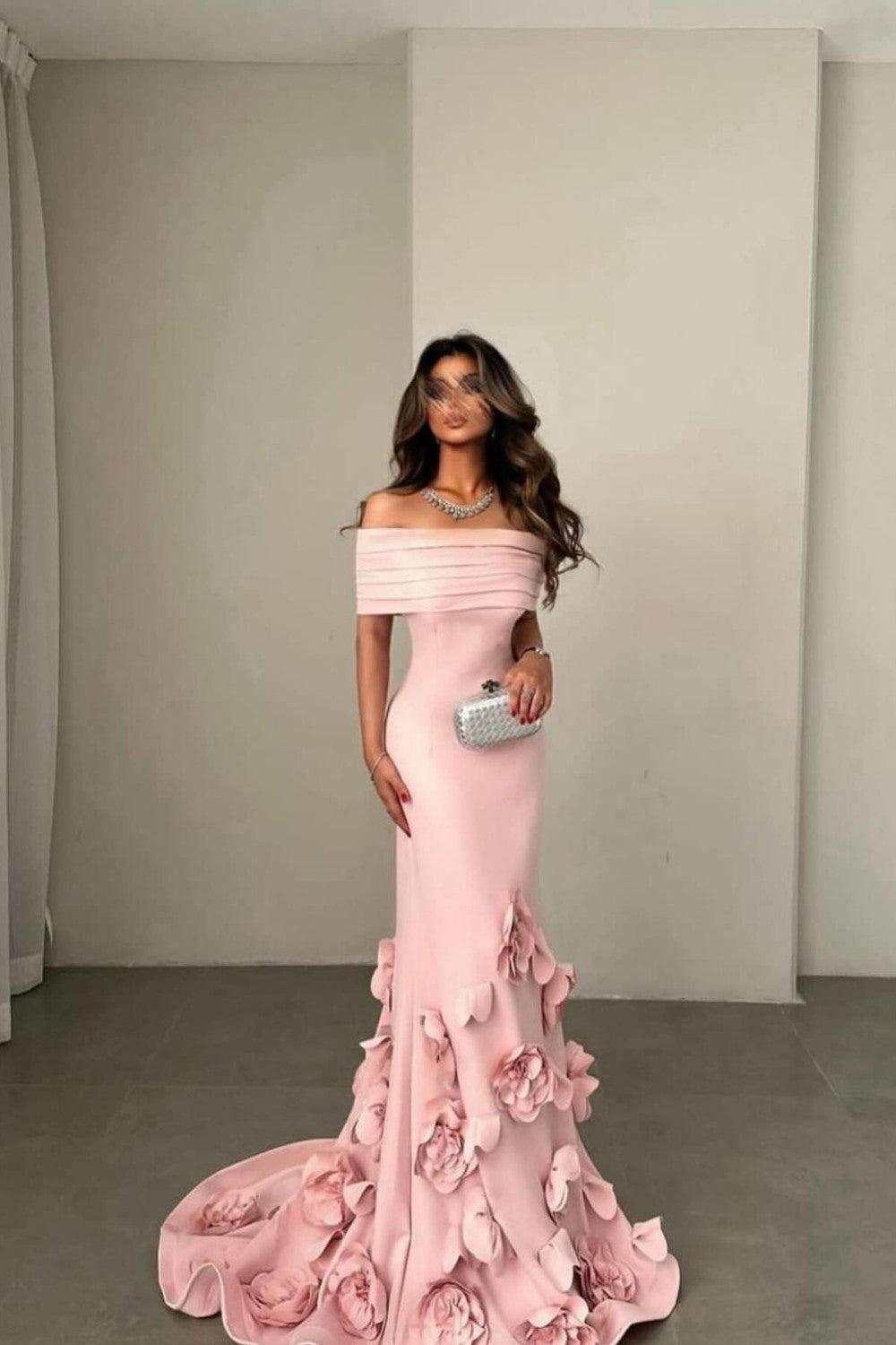 Dreamyannie Romantic Off-Shoulder Pink Mermaid Prom Dress With Floral Train Formal Evening Gown
