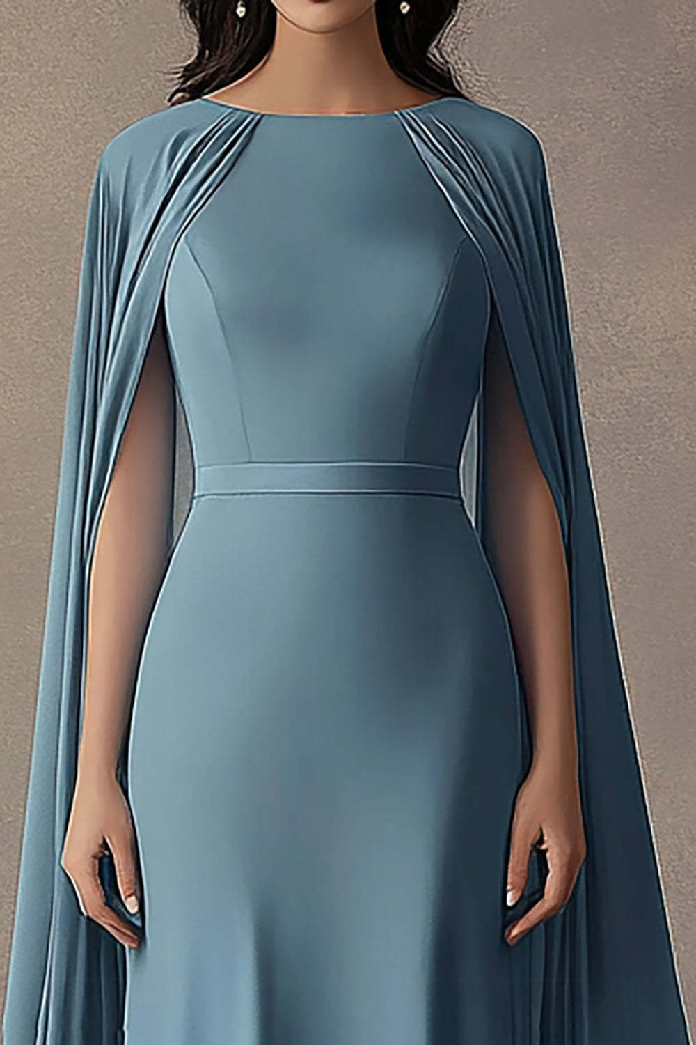 Dreamyannie Round Neck Long Ruched Grey Blue Wedding Guest Dress Formal Dress With Shawl