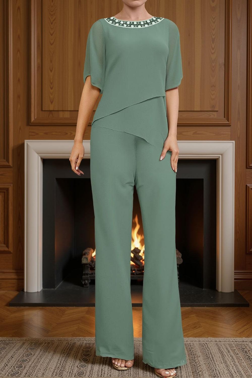 Dreamyannie Royal Blue Chiffon Bateau Neck 2 Piece Mother Of The Bride Pant Suits With Sleeves