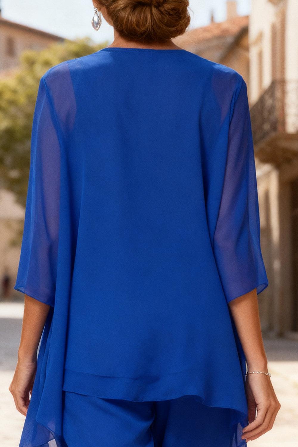 Dreamyannie Royal Blue Chiffon Boat Neck 3 Piece Mother Of The Bride Pant Suits With Jacket
