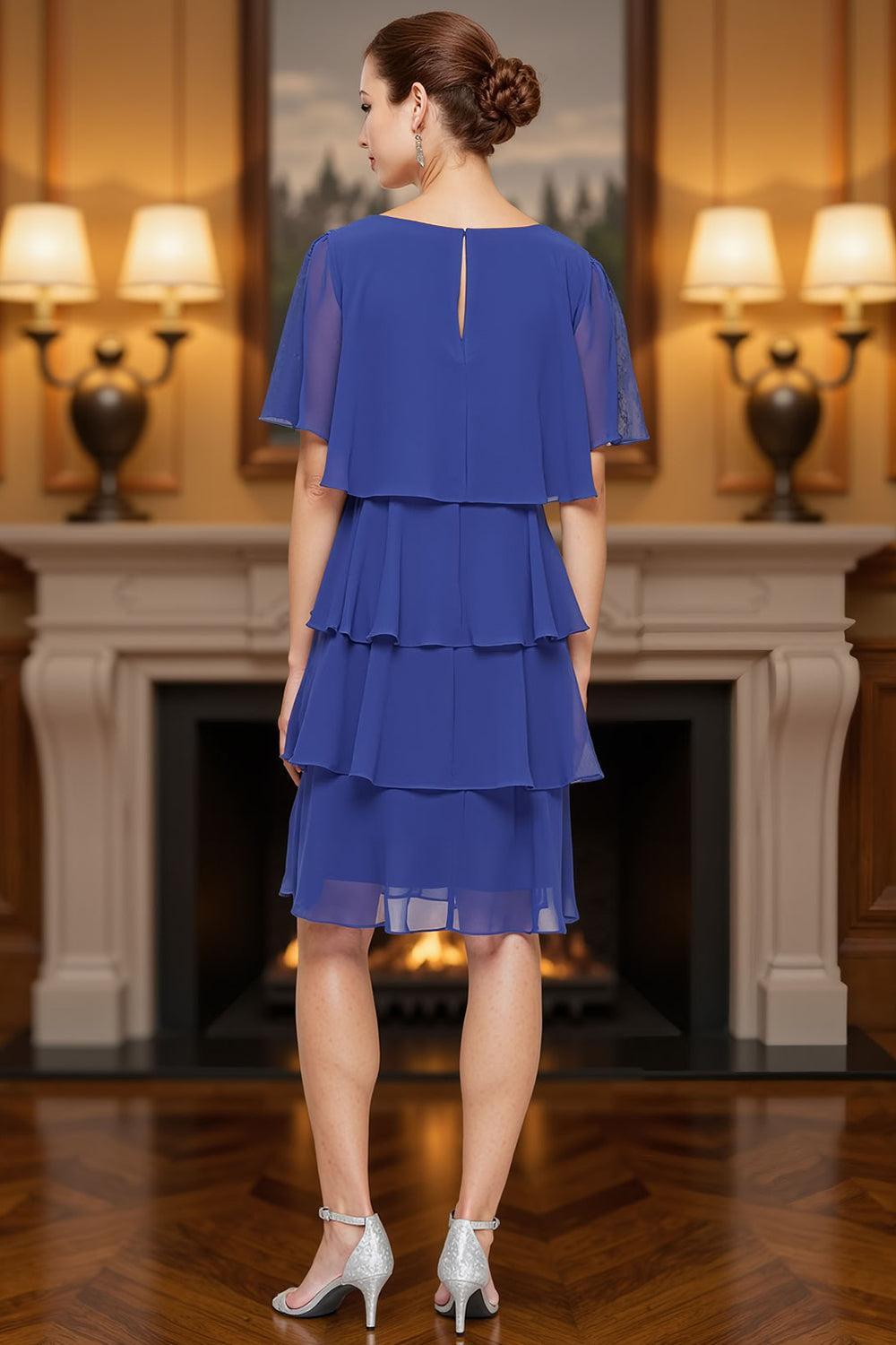 Dreamyannie Royal Blue Chiffon Boat Neck Tiered Knee Length Mother Of The Bride Dress