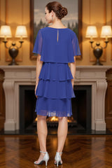 Dreamyannie Royal Blue Chiffon Boat Neck Tiered Knee Length Mother Of The Bride Dress