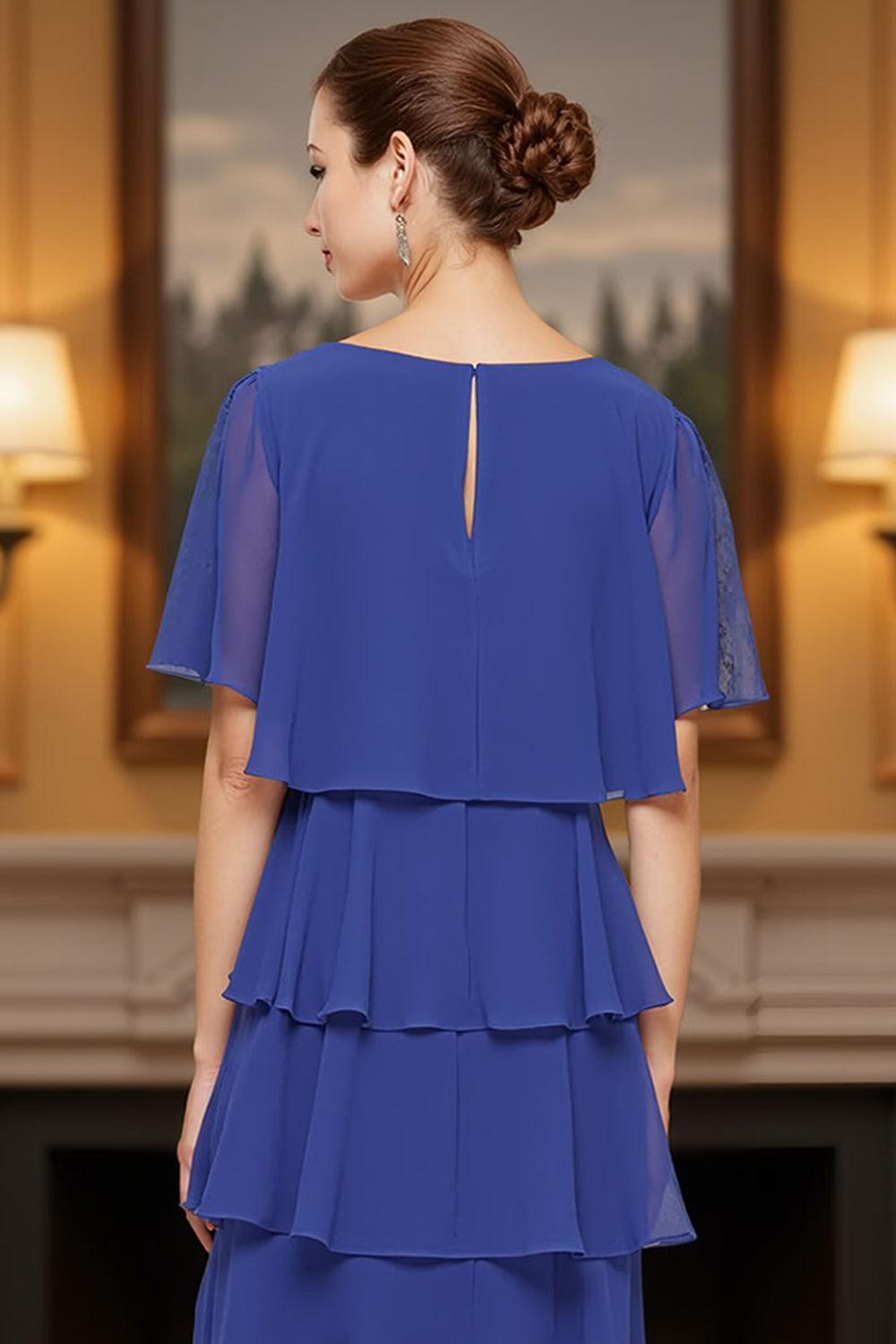 Dreamyannie Royal Blue Chiffon Boat Neck Tiered Knee Length Mother Of The Bride Dress