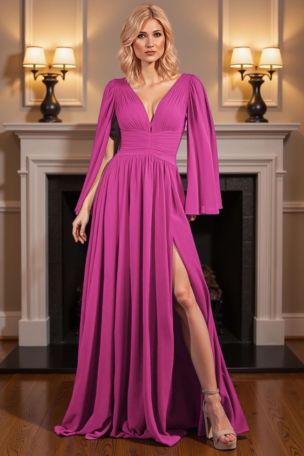 Dreamyannie Royal Blue Chiffon Deep V Neck Floor Length Mother Of The Bride Dress With Slit