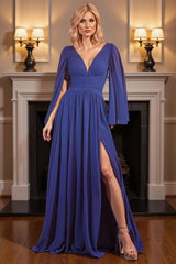 Dreamyannie Royal Blue Chiffon Deep V Neck Floor Length Mother Of The Bride Dress With Slit