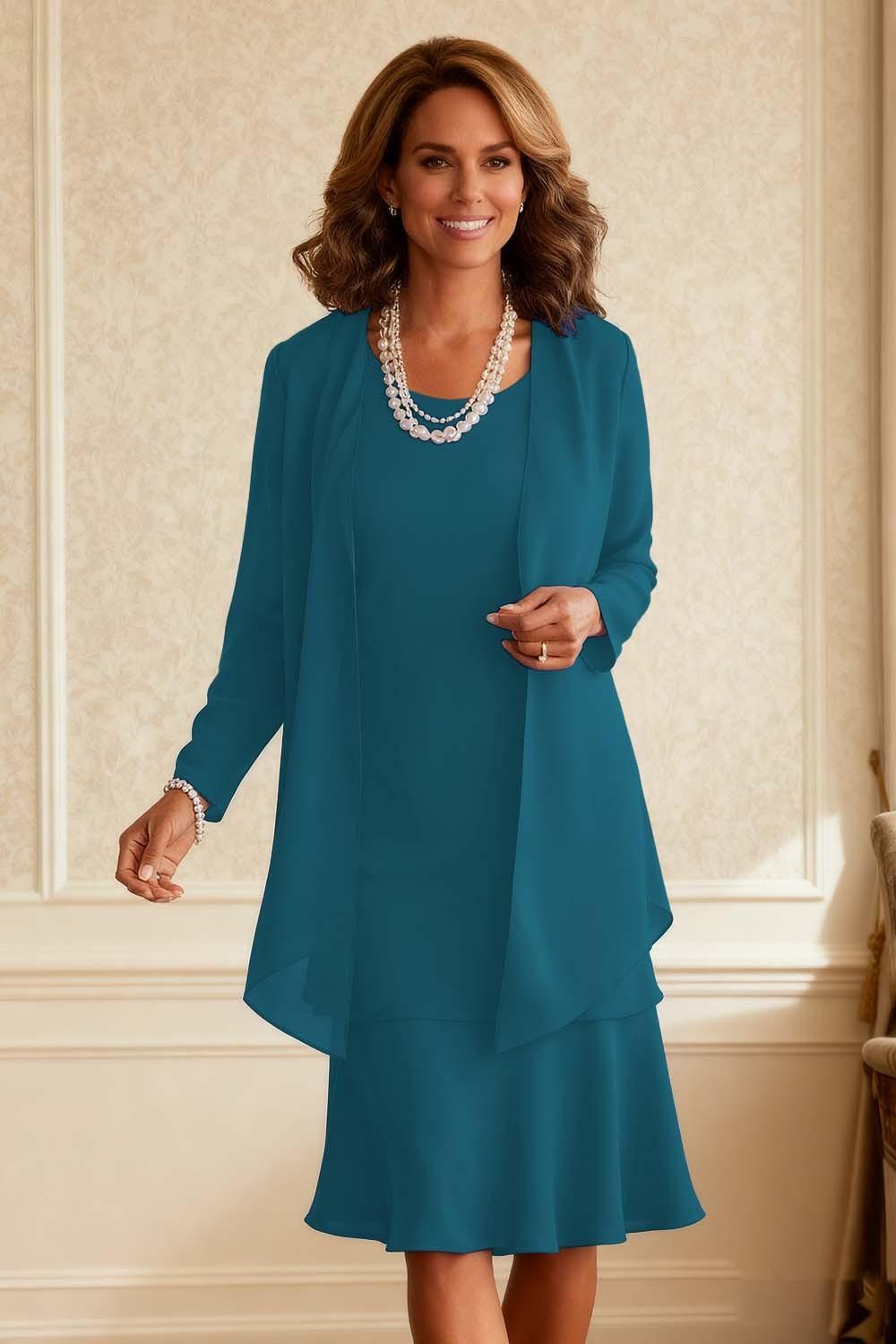 Dreamyannie Royal Blue Chiffon Scoop Neck Knee Length 2 Piece Mother Of The Bride Dress With Jacket