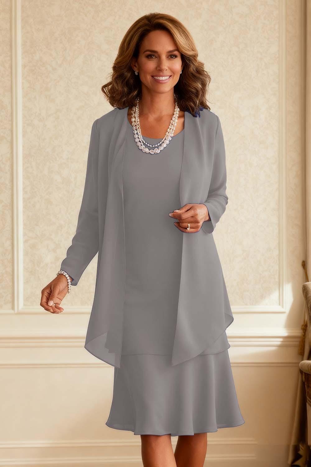 Dreamyannie Royal Blue Chiffon Scoop Neck Knee Length 2 Piece Mother Of The Bride Dress With Jacket