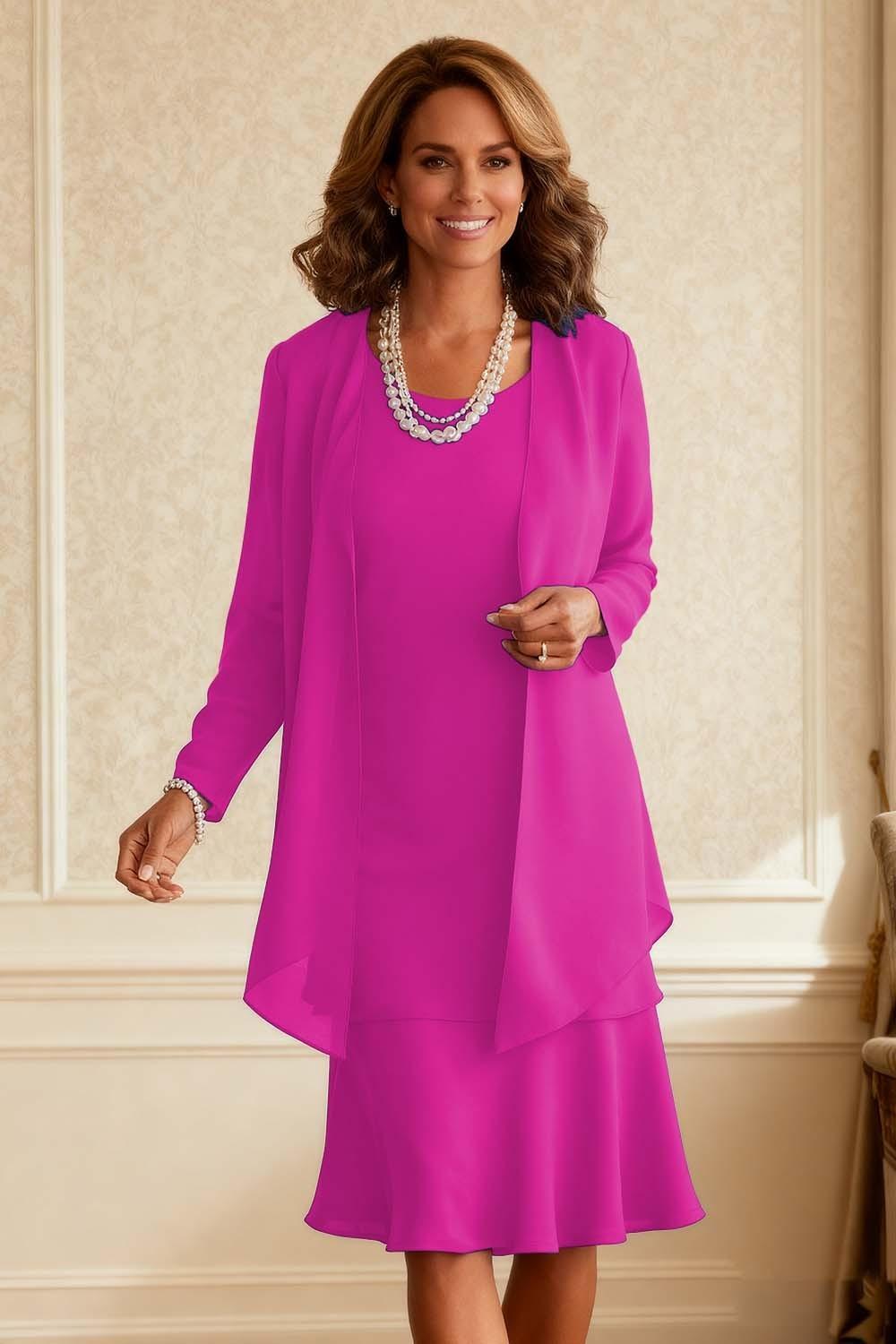 Dreamyannie Royal Blue Chiffon Scoop Neck Knee Length 2 Piece Mother Of The Bride Dress With Jacket